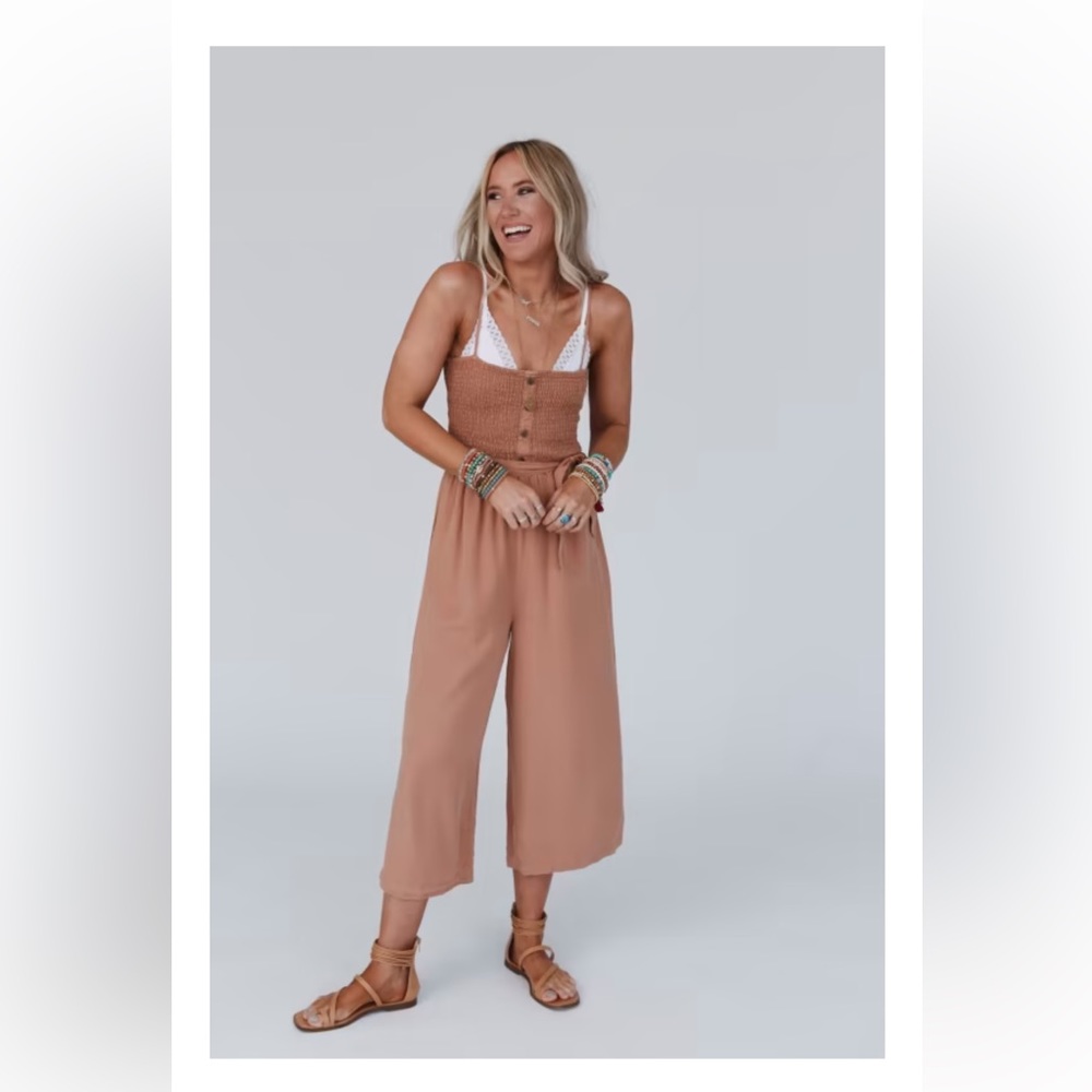 Three Bird Nest East Side Smocked Jumpsuit/Romper Size Medium Color Camel